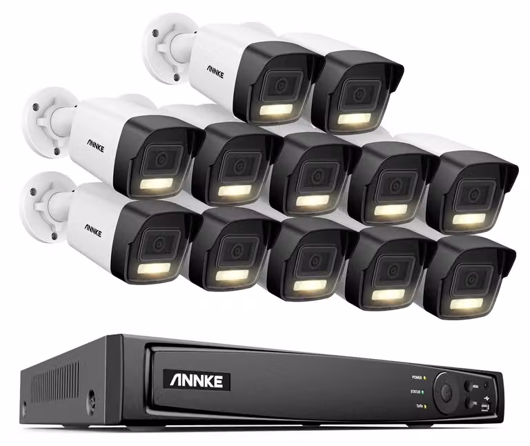 Kit di videosorveglianza NVR a 16 canali con 12 telecamere IP da 12MP, ultra HD, con visione notturna intelligente a doppia luce