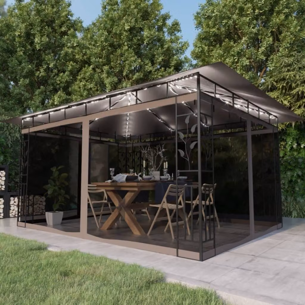 The Living Store Padiglione con zanzariera e luci LED 4x3x2,73 m Taupe