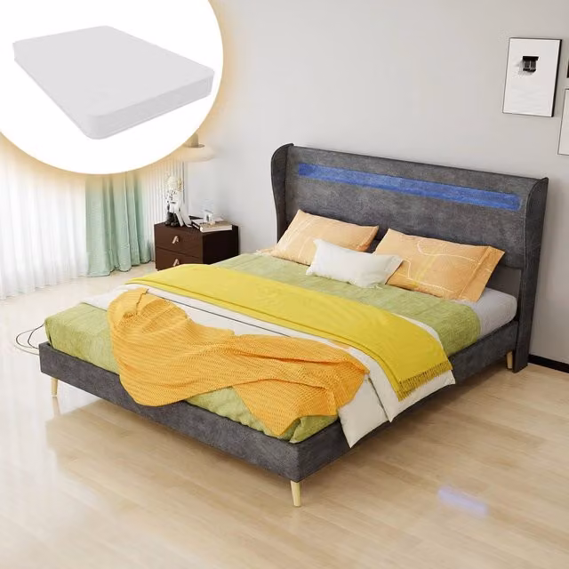 Letto imbottito con testiera LED e materasso ¨C Minimal ¨C Grigio tessuto 160x200cm