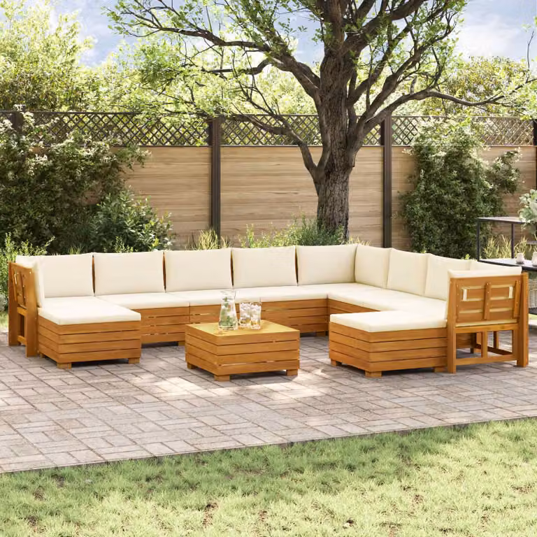 Set di divani da esterno vidaXL 11 pz in legno di acacia massello marrone con cuscini beige e tavolino da giardino a forma di U