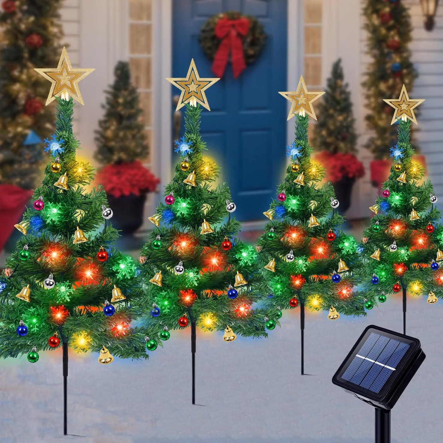 Set da 4 alberi decorativi solari con 80 luci a LED a forma di fiocchi di neve, multicolore, 8 modalità