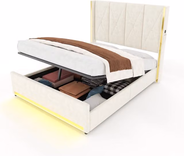 Letto matrimoniale 160x200 cm con contenitore; USB e USB-C; LED e tasche in velluto beige