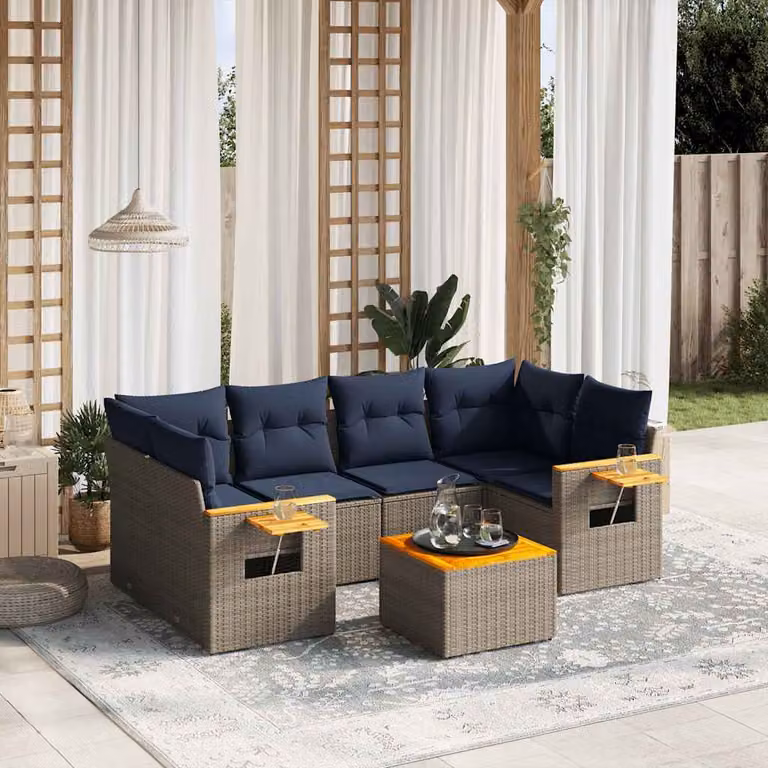 vidaXL Set Divani da Giardino 7 pz a Forma a L in Polyrattan con Cuscini Grigio e Blu