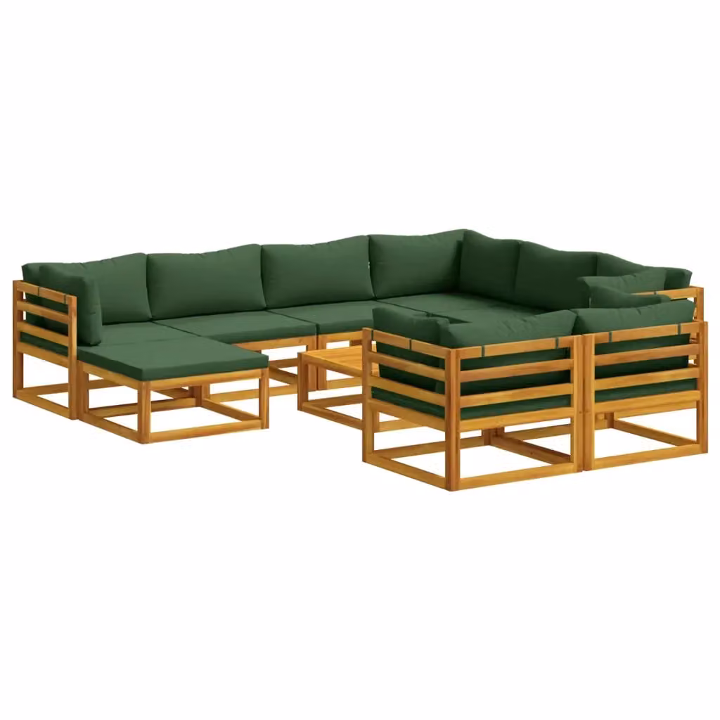 Set di divani da giardino vidaXL in legno di acacia massello con cuscini, colore marrone e verde, composizione a L con elementi angolari, pouf e tavolino da caffè, resistente alle intemperie – 2