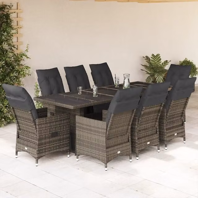 Set Bistrò da Giardino vidaXL 9 pz in Polyrattan Grigio con Cuscini e Tavolo in Vetro