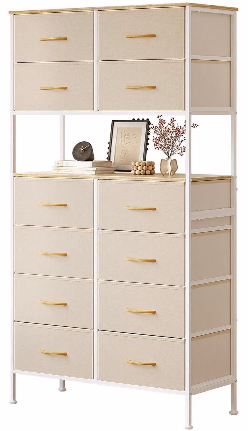 Comodino con 12 cassetti rivestiti in tessuto, armadietto contenitore, sezione centrale aperta, struttura in metallo, colore beige, dimensioni 80x35x163 cm