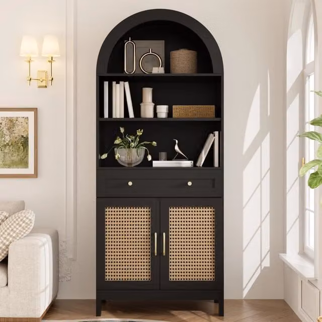 Vetrina con 3 nicchie, 2 ante in rattan e cassetto, antiribaltamento, per soggiorno e ingresso, 70 × 40 × 170 cm