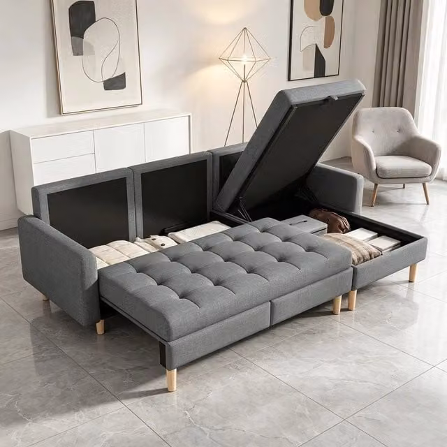 Divano angolare 3 posti con contenitore chaise longue ¨C Minimal ¨C grigio tessuto 212x130x86cm