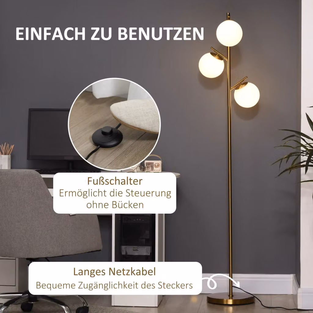Lampada da terra REDOM in metallo oro con 3 portalampada E27 e paralumi in vetro trasparente, Ø 27 cm, H 169 cm – 2