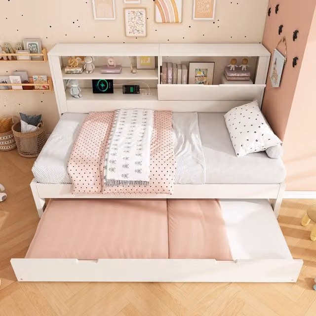 Letto divano singolo bianco con letto estraibile, vani contenitore e porte di ricarica USB e Tipo C, L/P/H: 90 x 200 x 120 cm