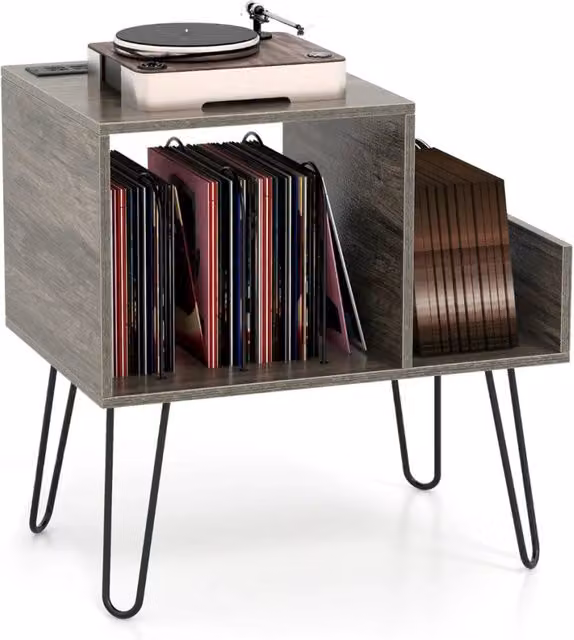 Supporto per giradischi 66 x 45 x 67 cm con comoda stazione di ricarica design moderno in legno grigio 20_0013707