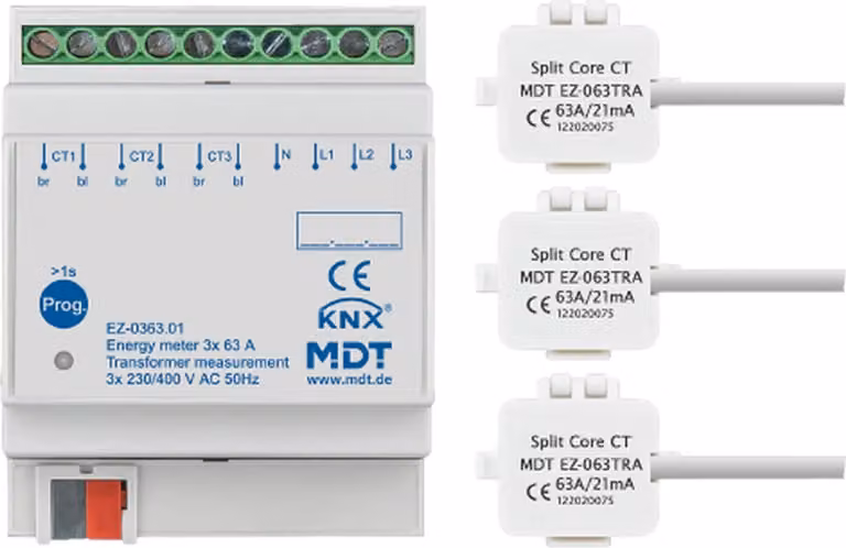 Contatore di energia MDT, triplo, 63 A, misurazione con trasformatore, 4TE REG, 230/400 V CA, 1 pz.