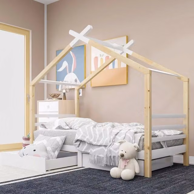 Letto Casetta per Bambini con Cassetti ¨C MINIMAL ¨C Massello di Pino, Bianco, 90x200