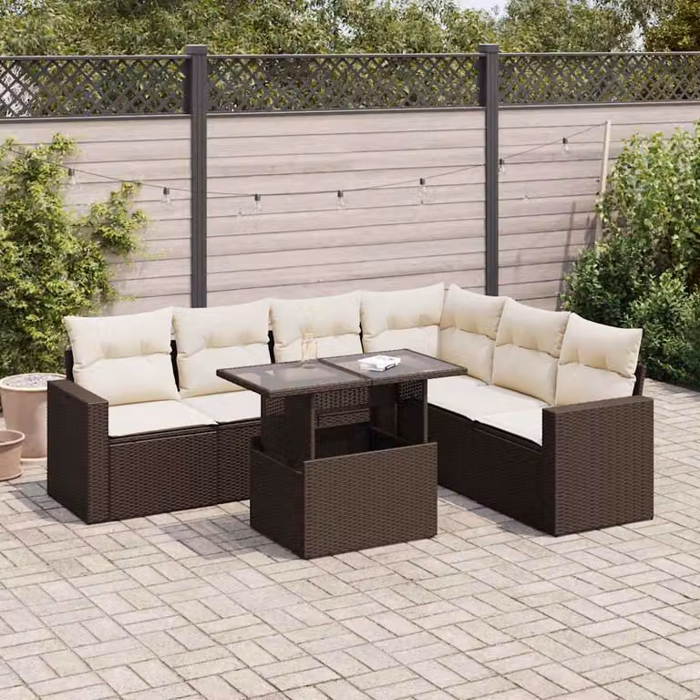 Set di divani da giardino vidaXL 7 pezzi con cuscini marroni e bianchi in polyrattan e struttura in metallo con tavolo da esterno