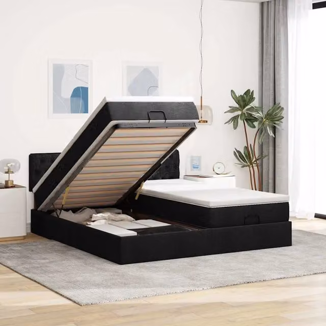 Letto con contenitore a sollevamento vidaXL in tessuto nero e bianco con illuminazione sottostante e porta USB L/P/H: 200 x 203 x 88 cm – 1