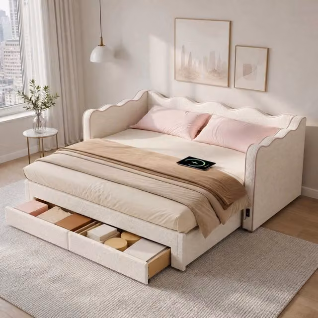 Letto estraibile 90x200 cm con 2 cassetti, USB e USB-C, rivestimento in boucl¨¦ beige