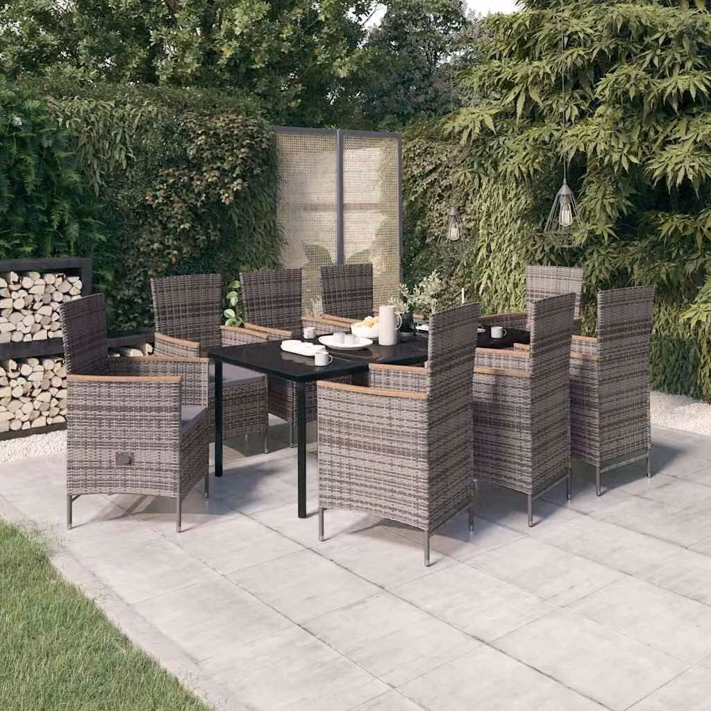 Set da pranzo da giardino vidaXL in polyrattan e legno di acacia con tavolo in vetro, 9 pezzi, Grigio e Nero