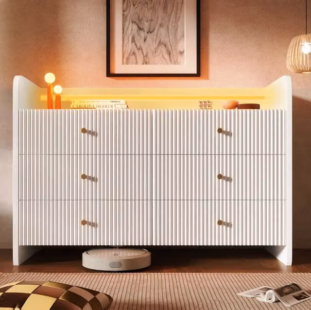 Credenza moderna bianca con illuminazione LED integrata e design astratto per la tua sala da pranzo, L: 120 cm, H: 75 cm, P: 40 cm