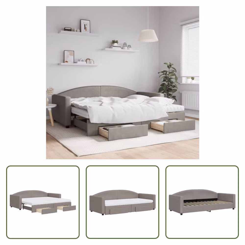 The Living Store Letto allungabile con cassetti Taupe 90x200 cm tessuto