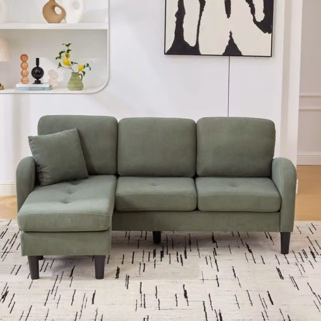 Divano Angolare 3 Posti con Chaise Longue ¨C MINIMAL ¨C Velluto a Coste, Gambe in Plastica, 166x118x77