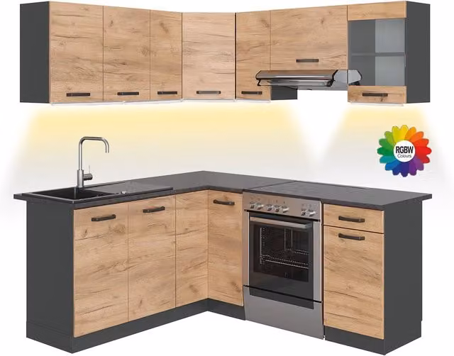 Cucina ad angolo moderna Vicco R-Line in Rovere dorato e Antracite con illuminazione LED integrata L/P/H: 187 x 167 x 81,6 cm