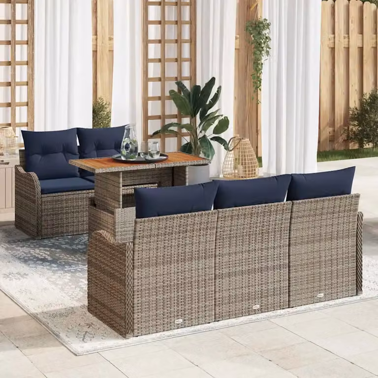 Set Divano da Giardino vidaXL 6 pz con Divano a L, Tavolino e Pouf, Grigio e Blu Navy