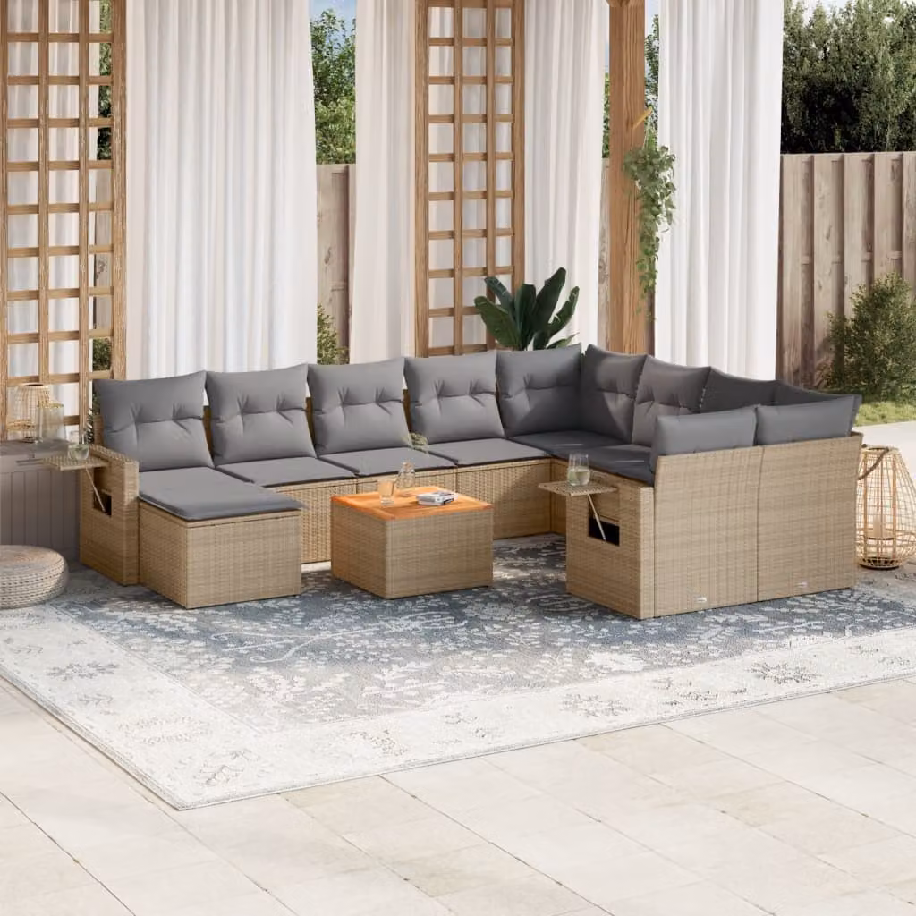 Set di divani da giardino vidaXL 11 pezzi in polyrattan con cuscini beige e tavolino da esterno – 1