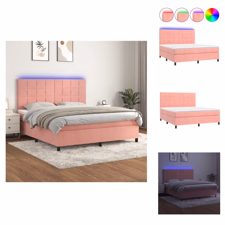 vidaXL Letto a molle con materasso e LED in velluto rosa 180x200 cm - Letti & strutture letto