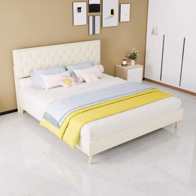 letto morbido moderno in tessuto e metallo beige 160 x 200 cm