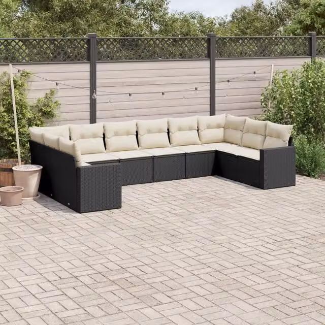 Set di Divani da Giardino a Forma di L con Cuscini vidaXL, Colore Bianco e Nero, Struttura in Metallo e Polyrattan