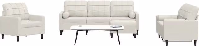 Set di divani moderno vidaXL in velluto beige composto da un divano a 3 posti, un divano a 2 posti e un pouf con cuscini decorativi e struttura in metallo