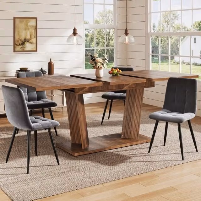 Tavolo da pranzo allungabile con doppia colonna e piedini antiscivolo, per cucina, marrone scuro, 120 × 80 × 76 cm
