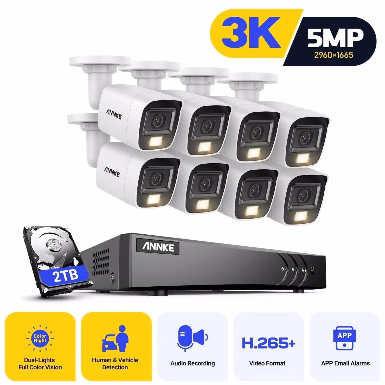 Sistema di videosorveglianza 3K con telecamere HD, videoregistratore digitale (DVR) a 16 canali, microfono e visione notturna con doppia illuminazione
