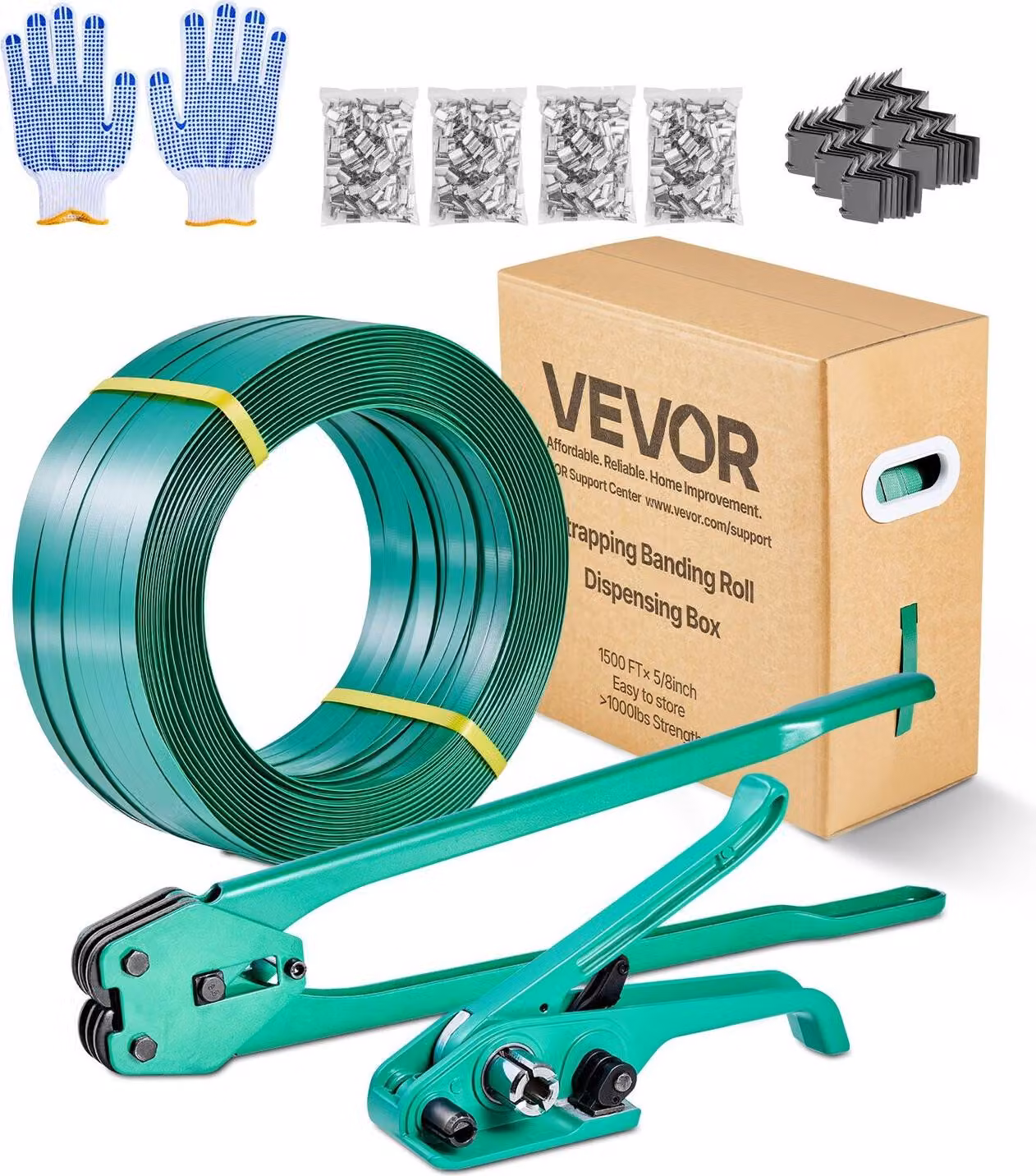 Kit di reggiatura, sigillatore per reggiatura per impieghi gravosi con 457 m di nastro in PET, 450 sigilli metallici, 150 protezioni angolari e guanti, kit di reggiatura per imballaggio di pallet in plastica per magazzino/spedizione/traslochi