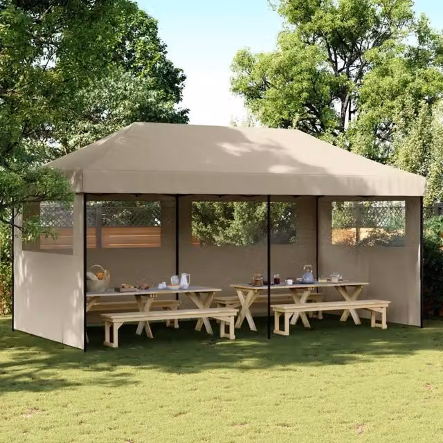 Tendone per feste pieghevole pop-up con 3 pareti vidaXL colore beige e nero L/P/H: 580 x 292 x 315 cm