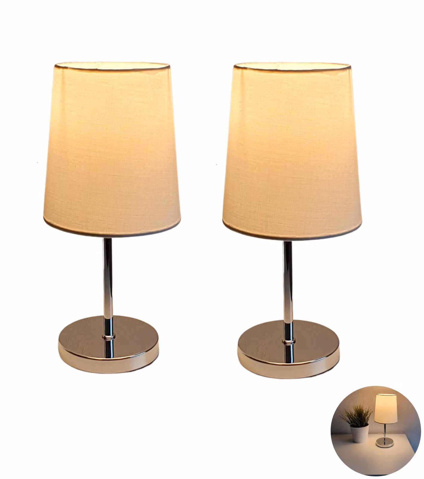 Set di 2 lampade da comodino a LED con paralume in tessuto bianco - Lampade da tavolo moderne con cavo e interruttore a luce bianca calda con lampadina da 3W inclusa
