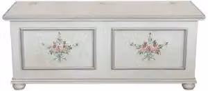 Cassapanca in legno KIVIO stile shabby chic bianco anticato con decorazioni floreali e dettagli argento – 1