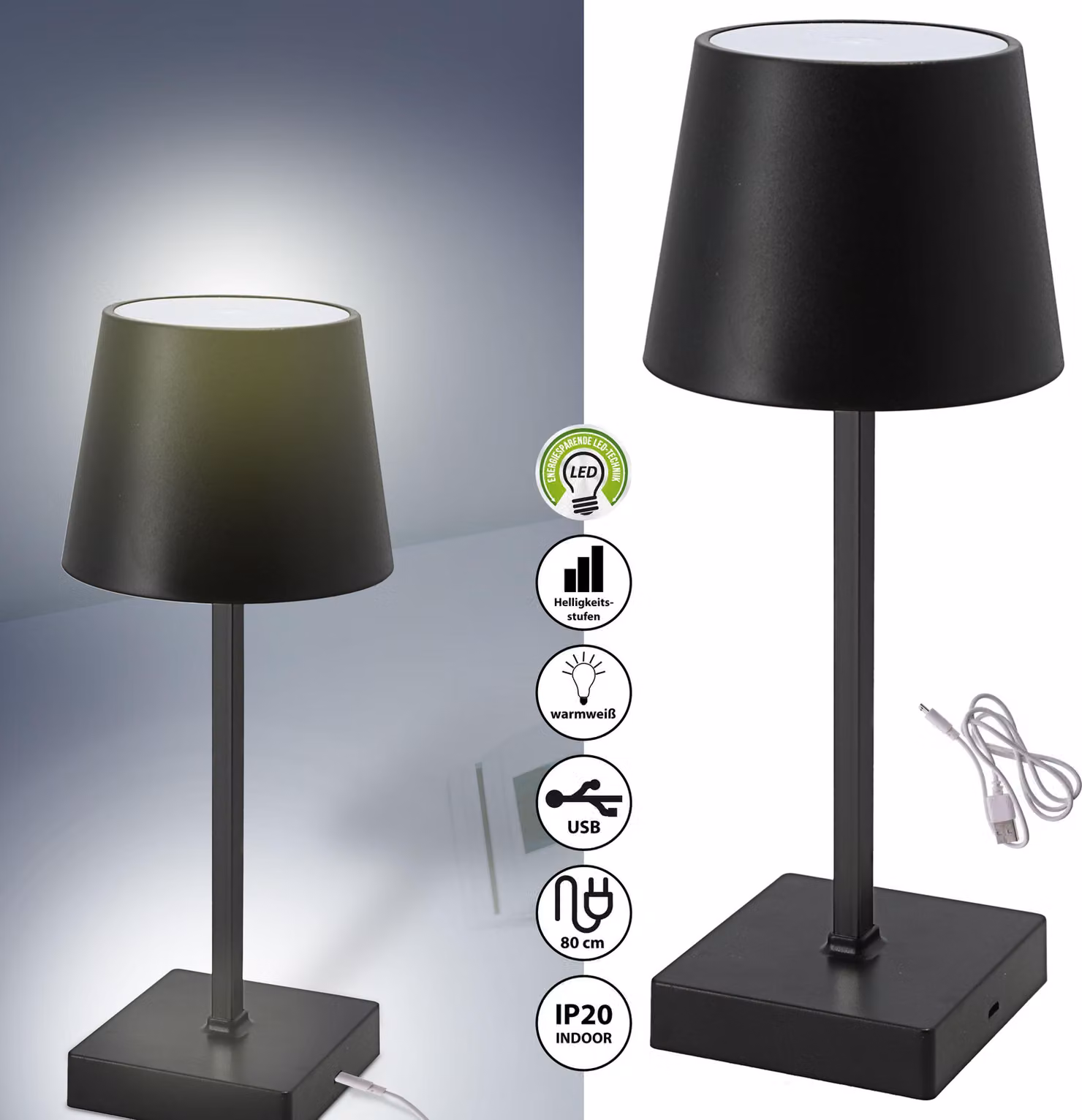 Lampada da tavolo con funzione touch | lampada da comodino ricaricabile con cavo USB | luminosità regolabile con il touch | bianco caldo | incl. cavo di ricarica (1x lampada da tavolo paralume nero)