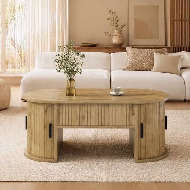 Tavolino basso alzabile ovale MIVRAY in MDF color rovere con ripiani aperti e 2 ante scorrevoli L: 100 cm, P: 50 cm, H: 40.5 cm