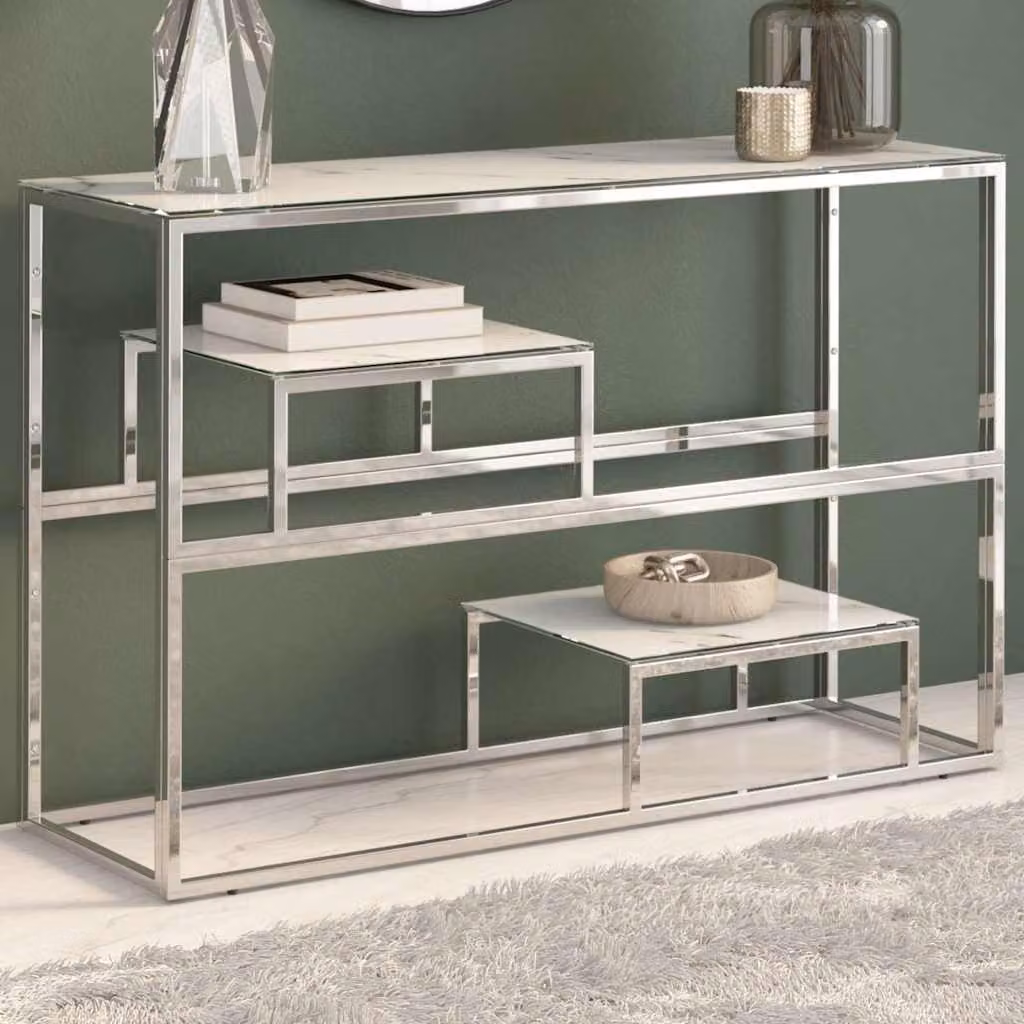 vidaXL Tavolino Consolle Moderno in Vetro Bianco e Acciaio Inossidabile Argento L/P/H: 70 x 35 x 35 cm