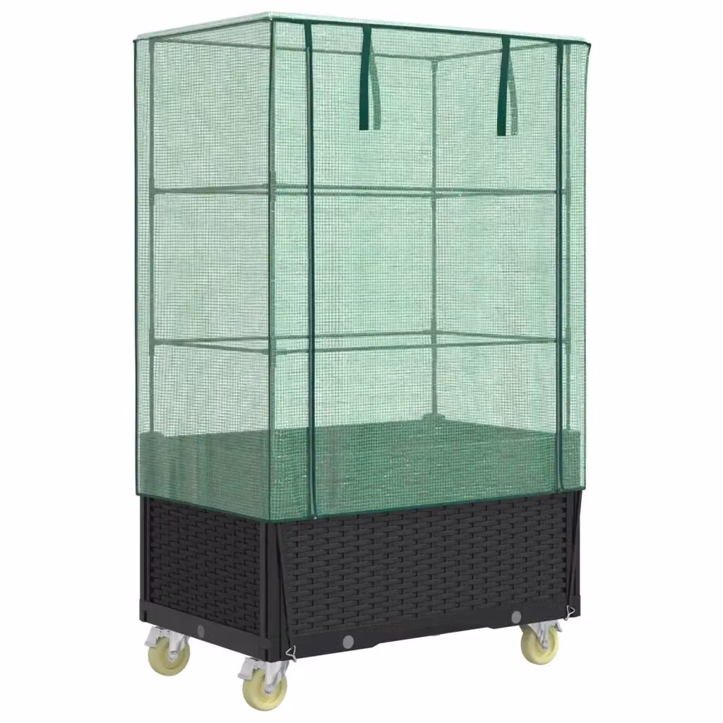 Letto rialzato con copertura e ruote effetto rattan vidaXL per orto e giardino, disponibile in nero o verde, L: 80 cm, P: 50 cm, H: 182 cm – 2