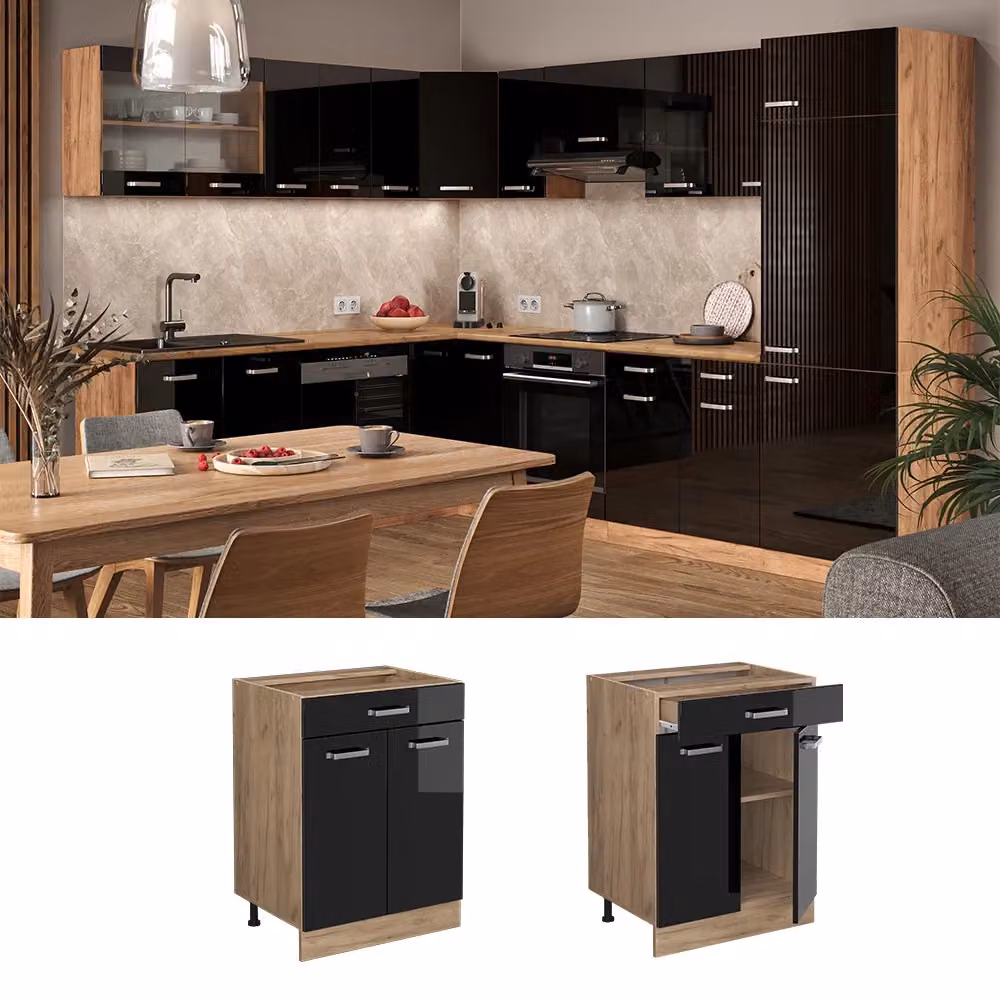 Mobiletto base per cucina Vicco R-Line Nero lucido e Rovere dorato con cassetto, L: 60 cm – 2