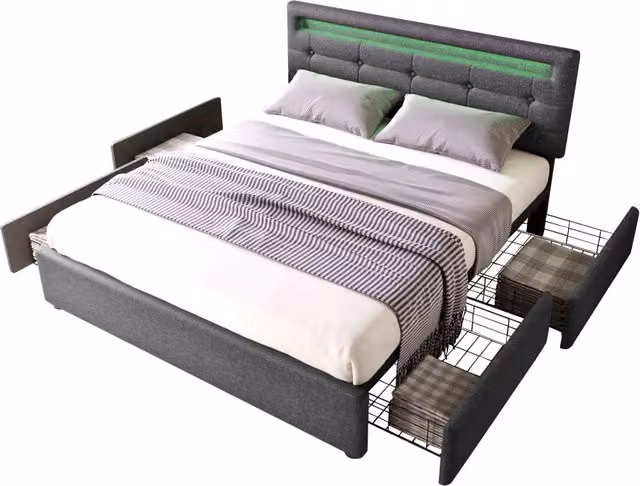 Letto matrimoniale imbottito grigio con 4 cassetti e illuminazione LED sottostante, L/P: 140 x 200 cm