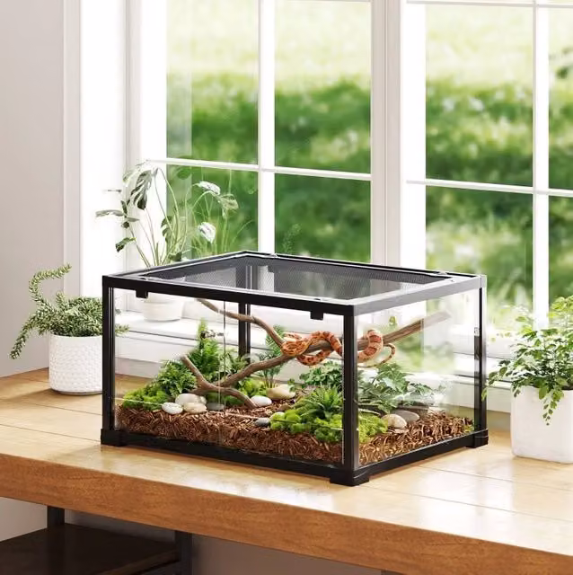 Terrario in vetro 86,3 L con porte scorrevoli e chiusura, nero