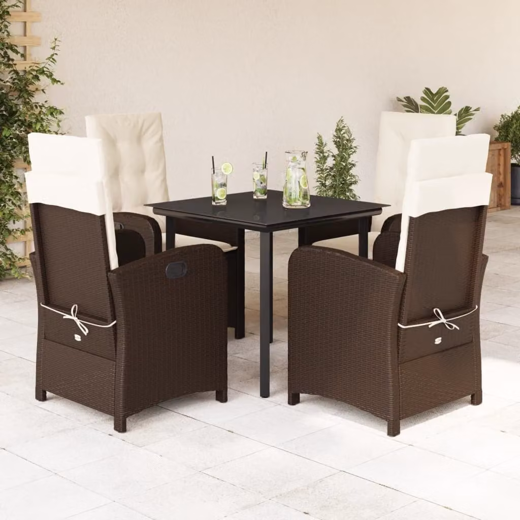 Set da Pranzo da Giardino 5pz vidaXL in Polyrattan Marrone con Cuscini e Tavolo in Vetro