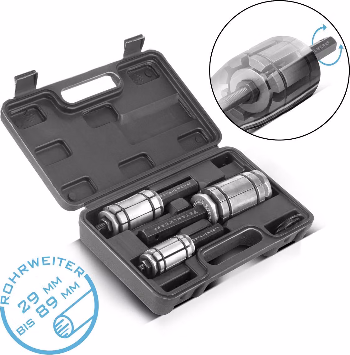 STAHLWERK Set di espansori per tubi 29-89 mm Espansore per tubi di scarico in 3 parti, allargatore per tubi
