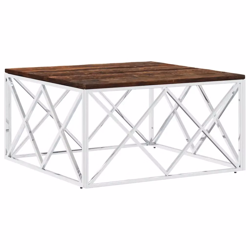 Tavolino da salotto industriale vidaXL in acciaio inox argento e legno massello marrone L/P/H: 80 x 80 x 40 cm – 2