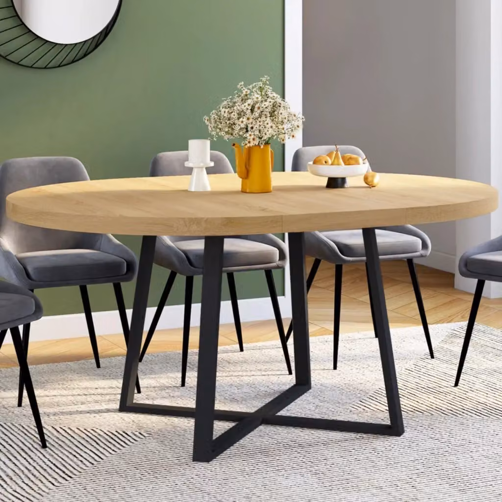 IDMarket SELMA tavolo da pranzo rotondo allungabile per 4-8 persone in legno e metallo nero e marrone L: 110-150 cm, P: 110 cm, H: 75 cm – 2