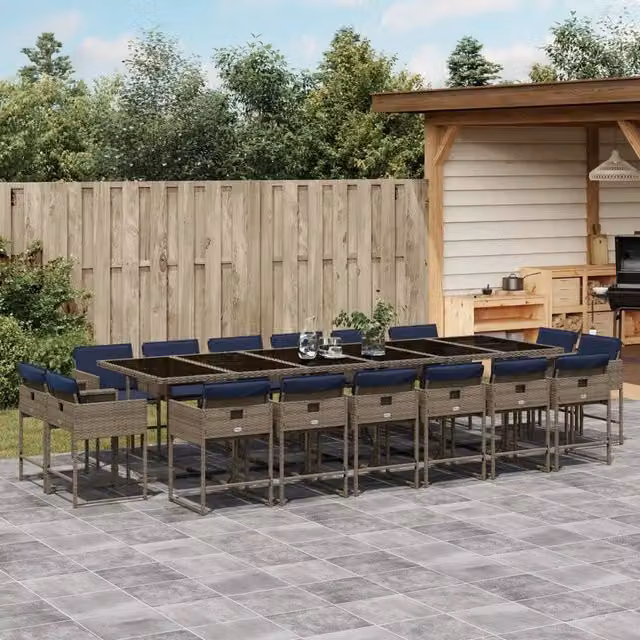 Set da pranzo da giardino vidaXL in polyrattan grigio con cuscini blu e tavolo rettangolare in vetro 17 pz