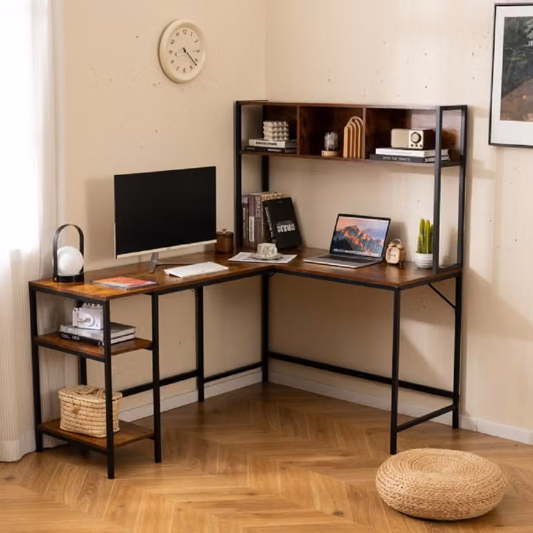 Scrivania angolare moderna Costway con libreria e ripiani per ufficio domestico, Marrone
